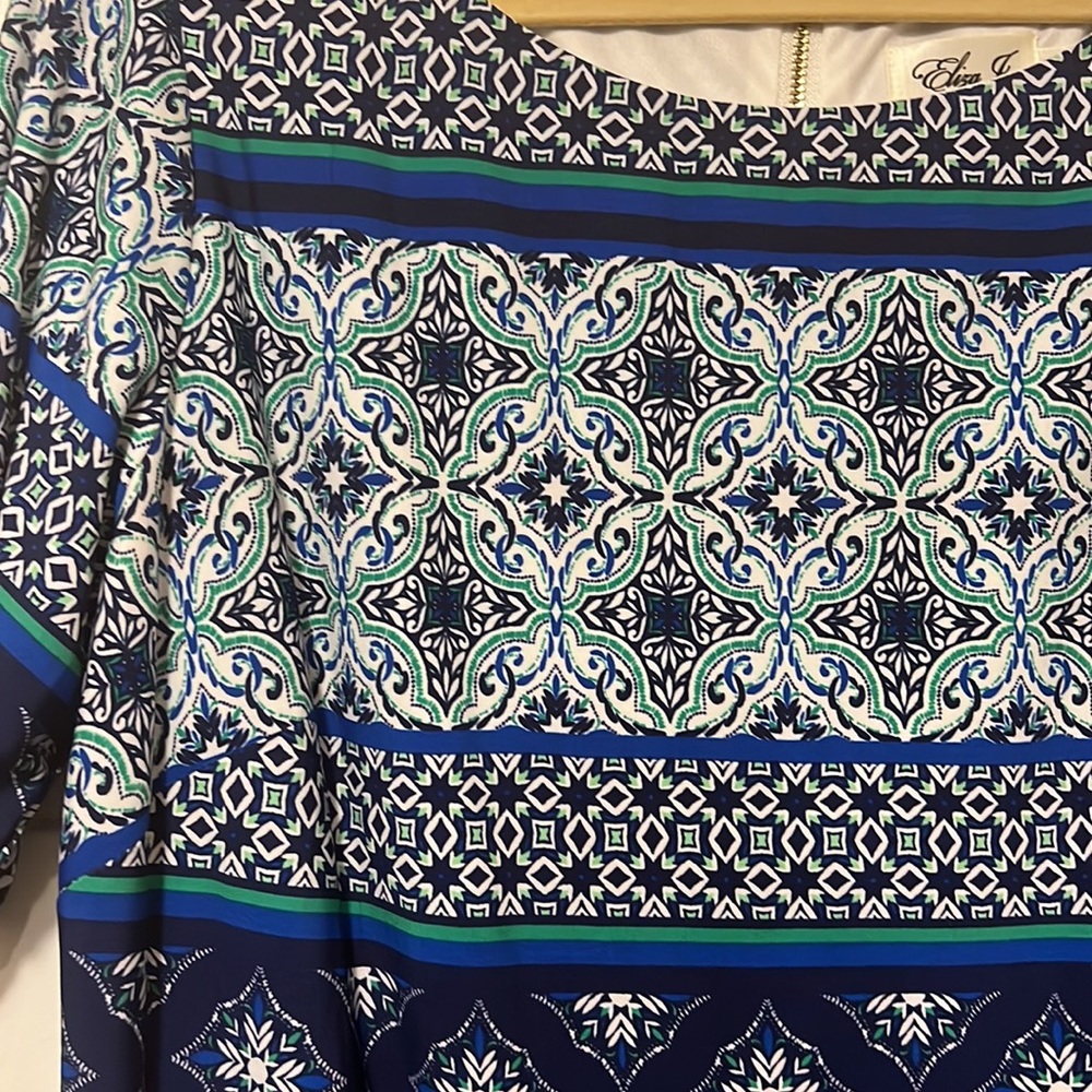 Eliza J Short-Sleeve Dress with Blue, White and Green tile pattern, 16W - Picture 2 of 7